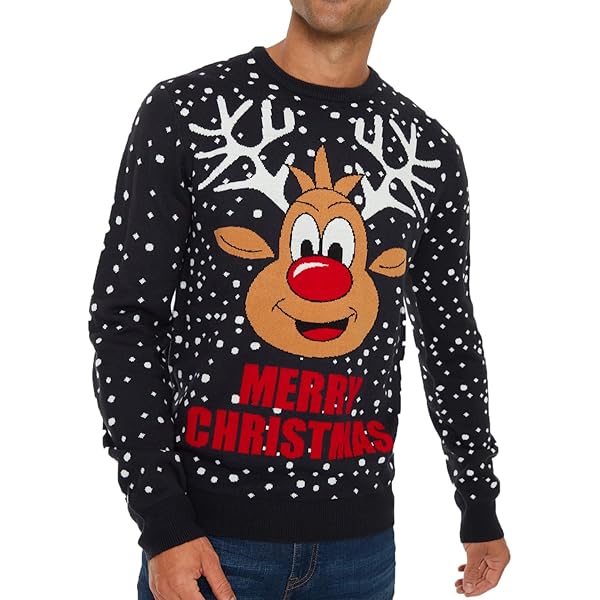 NOROZE Christmas Men's Jumpers | Nordic Style Knitted Lightweight Reindeer Printed Jumper | Quarter Zip Crew Neck Long Sleeve Pullover Top | Christmas Jumper Xmas Jumper Sweaters for Men