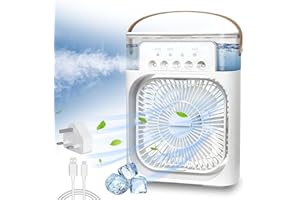 NTMY Mini Air Cooler, USB Desk Fan, Personal Evaporative Cooler with 7 Colors LED Light, 1/2/3 H Timer, 3 Wind Speeds and 3 Spray Modes for Office, Home, Dorm, Travel