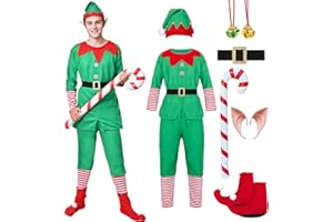 HarnyLoom Costume Lutin Femme Homme Deguisement Elfe Noel Enfant Robe Vert Rouge Elfe Chaussettes Oreilles d'elfe Ceinture Adulte Garçon Fille Cosplay