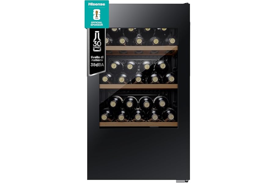Hisense RW12D4NWG0 Wine Cellar 30 Bottles, Monotemperature, Anti-UV Glasses, Wooden Shelves, Touch Display, LED Lighting, Year 2022