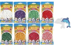 Happy Price Toys - Hama Midi Lot de perles à repasser Convulut blanc 01, rouge 05, rouge clair 06, violet 07, vert 10, vert clair 11, rouge violet 29, marron ours en peluche 60 avec plaque à stylo HPT
