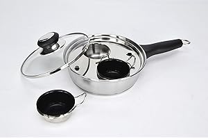RUNZI 2 Cups Egg Poacher Pan - Stainless Steel Poached Egg Cooker – Perfect Poached Egg Maker – Induction Cooktop Egg Poachers Cookware Set with 2 Nonstick Large Silicone Egg Poacher Cups