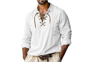 GENERIC Linen Shirt Men's Long Sleeve Retro Casual Shirt Plain Flap Collar Casual Shirt with Laces Classic Simple Casual Shirts Loose Comfortable Beach Shirt