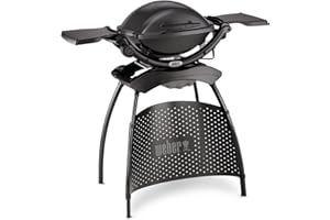 Weber Q1400 Elektryczny Grill z Stojakiem, powierzchnia grillowania 43 x 32 cm, przenośny BBQ Grill, 2-częściowy żeliwny ruszt pokryty emalią porcelanową - Ciemnoszary (52020879)
