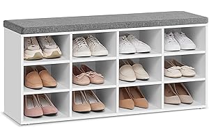 VASAGLE Banco Zapatero, Mueble Zapatero, Banco Recibidor con 12 Compartimentos y Asiento Acolchado, 30,3 x 104 x 48 cm, Entrada, Dormitorio, Sala de Estar, Blanco y Gris LHS012W14