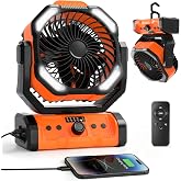ELZO Camping Ventilador 20000mAh, Port&aacute;til Recargable para Escritorio Tienda de Campa&ntilde;a con Control Remoto y Gancho, Luz LED,