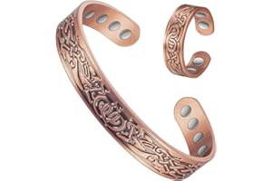 EnerCoppeX Ensemble de cuivre massif magnétique, bracelet de 17 cm et bague de 5,8 cm, 99,99% de cuivre massif, bracelet de bijoux combiné magnétique, 8 anneaux magnétiques, taille réglable, unisexe