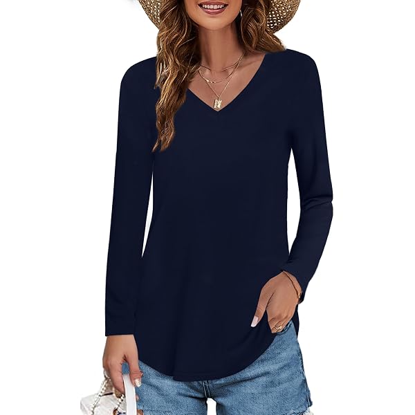 Women's V-Neck Cotton T-Shirt - Summer Short/Long Sleeve Tops, Brown, Large, Casual Comfort