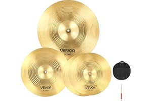 VEVOR Ensemble de Cymbales Batterie, Cymbale Charleston 355 mm, Crash 400 mm, Ride 505 mm, avec Baguettes, Sac de Rangement, Lot de 3 Cymbales en Alliage Robuste pour Batteur, Couleur Cuivre Brillant