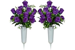 SIFOEL Artificial Cemetery Flowers with Vase, Artificial White Rose Bouquet Grave Memorial Flowers for Cemetery Headstones Decoration, (Set of 2, Purple)