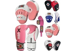 MAXX PRO BOXING GEAR Maxx BOXING GLOVES & LEATHER CURVED FOCUS PADS WITH FREE HAND WRAP MMA Boxing MULTI COLORS