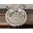German Silver Hand Engraved Heavy Pooja Thali (Diameter 10.5”) With Full Ghungru Layer And Elephant Legs Stand – Set of 6 Items