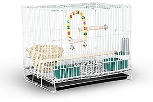 GVEFIVME Vogelkäfig für Nymphensittiche, Wellensittiche, Lovebirds, Kanarienvögel, weißes Metall mit Ständer, Schaukelspielzeug und Futternäpfen, kleiner tragbarer Vogelkäfig
