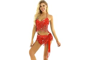 Alvivi Robe De Danse du Ventre Orientale Femme Soutien-Gorge à Paillettes Ceinture Jupe Frangé Danse Ensemble Latine Salsa Chacha Costume De Bal Performance