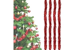 BUKEZUDANG 4 Stück Weihnachtsbaum Lametta, Lametta Glänzend Girlande, Weihnachten Lametta Glänzend, Metallisch Glänzend Girlande, Hängende Dekorationen, Für Weihnachtsbaumschmuck Weihnachtsfeier, Je 2m, Rot