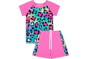 JiAmy Girls Swimming Costume Kids Two Piece Short Sleeve Swimsuit UV Sun Protection Swimwear Summer Beach Bathing Suit 4-12 Years