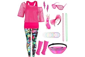 VELMAWIG 80er 90er Jahre Outfit Damen 20 Stück 80iger Retro Kostüm Off Shoulder Netzshirt Frauen mit Leggins Neon Kleidung Zubehör Set Bauchtasche Ohrring Netzhandschuhe Armband Halskette Bad Taste Outfit