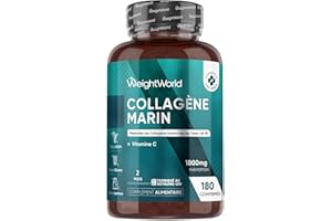 WEIGHTWORLD Collagène Marin Hydrolysé Type 1 & 3 avec Vitamine C, 1800mg par Portion, 180 Comprimés, 2 Mois de Stock, Alternative à la Poudre et aux Gélules – Collagène Marin en Comprimés, sans Gluten ni Lactose