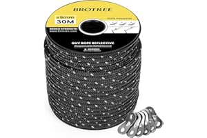 BROTREE Tent Guy Rope 5mm 30m Reflective Guy Line Heavy Duty Guide Rope with 6Pcs Aluminum Tensioners for Tent Gazebo Awning Camping (Black)