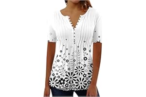 YOLOKE 2023 Summer Short Sleeve Tops for Women UK Trendy Casual Floral Graphic Shirts Tunic Blouses Plus Size Crew Neck Boho Henley Tees