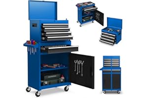 GiantexUK Tool Cabinet, 2 in 1 Lockable Metal Tool Chest with Removable Top Cabinet, Wheels, 5/6 Drawers, Pegboard & Hooks, Heavy-duty Rolling Tool Box Trolley (with Adjustable Shelf, Black + Blue)
