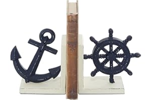 Deco 79 Metal Anchor and Ship Wheel Bookends, Set of 2 6"W, 6"H, Blue