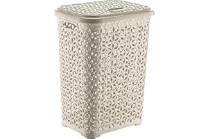 BEST HOUSE ANOTHER FINE PRODUCT BH | Plastic Laundry Basket With Lid | 60 Liters | CREAM | 1 Pc | Large | Rattan Style | Clothes Storage Washing Bin Basket Hamper for Bathroom Bedroom (Pack of 1) - By BEST HOUSE