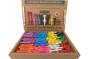 Castle Tees Official Bamboo Golf Tees up to 140 Tees 9 Sizes & Colours Premium Super Strong in Orange Purple Pink Sky Blue White Yellow Navy Blue Red Green Free Pitch Repair Tool