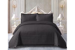 PRIME LINENS Quilted Bedspread Bed Throw 3 Piece Bedding Set Includes Comforter and 2 Pillow Cases Bedroom Décor Embossed Quilt Bedding Set Osca (Black, King)