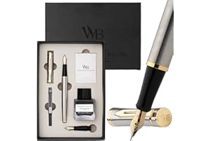 Wordsworth & Black Ensemble de Stylos Plume, Plume Moyenne et Extra Fine Dorée 18K, Bouteille d’Encre Noire 25ML, 6 Cartouches,Convertisseur,Boîte Cadeau–[Argent Or],Coffret pour Hommes et Femmes.