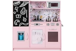 RELAX4LIFE Cocina Juguete con Pizarra, Sonidos Reales, Teléfono, Estufas, Lavavajillas, Máquina de Hielo y Horno, Cocinita Infantil con Accesorios Completos para Niños 3-6 Años (Rosa Pálido)