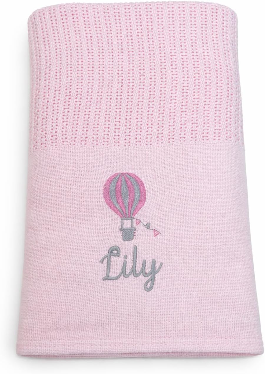 Lobeko Personalised Cellular Baby Blanket with Embroidered Name – 100% Cotton Soft Breathable Newborn Blanket, Pram Crib Moses Basket Blanket, Hot Air Balloon Design, 70x110cm (4 Colours) (Baby Pink)