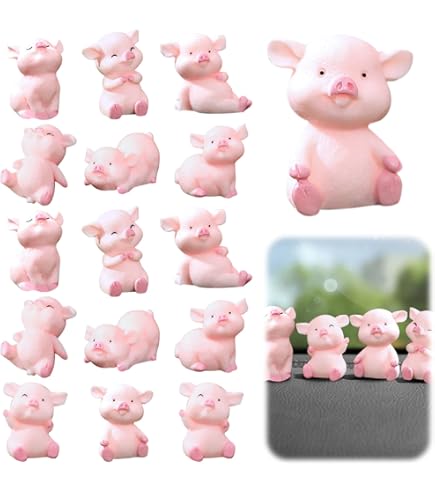 Set 7 Statuine Di Maialino Portafortuna Rosa - Decorazioni Per Torte, Fai Da Te, O Collezioni, In Resina - Foto 3