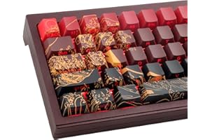HYEKIC PBT Touches personnalisées, 131 touches rouges Ukiyo-e - Profil cerise - Sublimation brillante sur le côté - Touches transparentes gravées pour clavier de jeu mécanique ANSI et ISO
