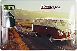 BRISA VW Collection - Plaque Rétro en Tôle Volkswagen - Idée Cadeau Décoration Vintage en Métal au Design du Bus T1 (Highway 1/Multicolore)