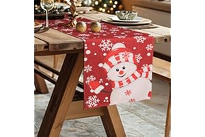 CINKEE Runner da tavola Natalizio 35x180cm, runner da tavolo natalizio decorazioni per la cucina, decorazioni per feste natalizie - pupazzo di neve e fiocco di neve su sfondo rosso