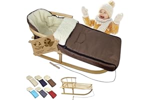 ‎BAMBINIWELT BY RAFAEL K. BambiniWelt Holzschlitten mit Rückenlehne & Zugseil + Winterfußsack 108 cm – warme Lammwolle, wasserabweisend – Kombi-Set für Kinderwagen & Buggy
