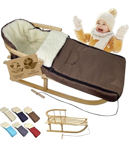 Holzschlitten Mit Rückenlehne & Winterfußsack (90/108cm) – Inkl. Sicherheitsgurt & Bob Sicherheitsgurt Schlitten