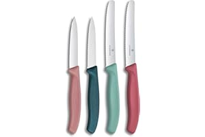 Victorinox Swiss Classic Set di Coltelli per Frutta e Verdura, 4 pezzi, Lama Affilata, Dritta e Seghettata, Fabbricato in Svizzera, Sfumature di verde, rosa