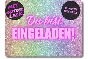 ‎CELEBR8TE 12x Glitzer Party Einladungskarten - Für den Kindergeburtstag von Mädchen - coole Glitzer Geburtstagseinladungen inkl. Messenger Bild & Urlaubsgutschein