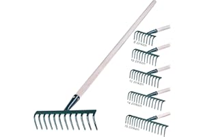 KADAX Rechen aus Metall, Flache Harke mit Stiel aus Holz, Laubbesen für Garten, Beet, Laubrechen, Rasenrechen, grün, Gartengerät, Heurechen, Gartenwerkzeug, Gartenharke (12 Zinken)
