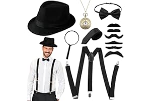 Moiuguli 20er Jahre Kostüm Herren Accessoires, Mafia Kostüm Herren, Peaky Blinders Kostüm, Gangster Kostüm mit Panama Hut Verstellbar Hosenträger Taschenuhr Fliege Krawatten Bärte für Karneval Partys