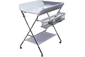 FUTCHOY Folding Changing Table Baby, Portable Infant Care Station with Storage Rack and Lockable Casters, Mobile Newborn Massage Tables with Changing Mat 3 Shelves, Adjustable Height, 80*63*96cm (Dark gray)