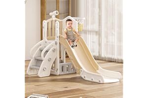 FUKEA 5-in-1 Kids Slide, Toddler Castle Slide with Stairs, Storage Box, Basketball Hoop, Telescope, Garden Large Slide Playground for Toddlers age 1-6