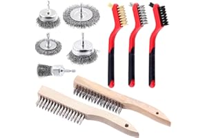 Glarks 10Pcs Wire Scratch Brush Set, Including 5Pcs Wire Wheel Cup Brushes, 3Pcs Brass/Nylon/Stainless Steel Brushes with Wood Handle Curved Grip, 2Pcs Stainless and Carbon Steel Wire Brush