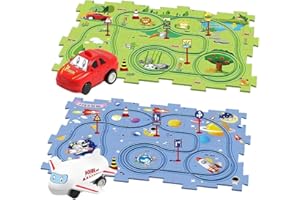 DUOLEEY Pista de Coche de Juguete para Niños Pista de Puzzl DIY Ruta Juego Educativo Regalos para Niños 2 3 4 5 6 Años(Tierrax6/Espaciox6)