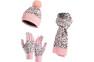 YOUNGSOUL 3 Pezzi Inverno Maglia Set Leopardo Stampa Caldo Bobble Cappello Sciarpa e Guanti Donne Ragazze