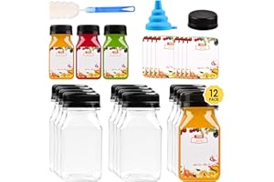 V·COLOKISHI 12pcs 4oz Mini Plastic Juice Bottles with Caps for Juicing & Smoothies, Reusable Empty Clear Bottles with Label, Funnel and Brush, Bulk Beverage Drink Containers with Lids for Mini Fridge, Milk, Water