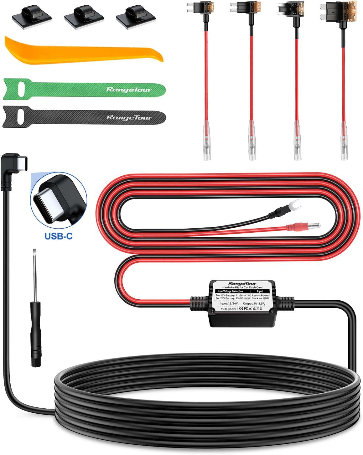 Range Tour Dash Cam Hardwire Kit, USB-C Port 4m Hard Wiring Kit for Car Cam Car Charger Power Cord 12V/24V to 5V 2.5A Charger Cable with 4 Power Adapters 3 Fuses for Dashcam