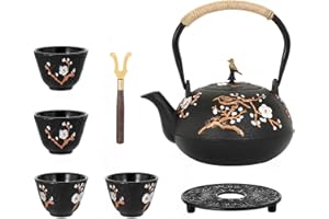 Dyna-Living Théière en fonte japonaise de 1200 ml avec infuseur, émail brillant à l'intérieur, théière en forme de fleur de prunier avec tasses, support, pot en fer pour cuisinière